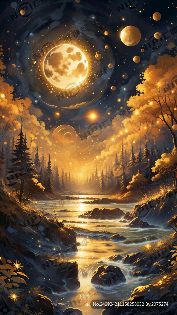 金色星河 月亮星星 海湾 金光