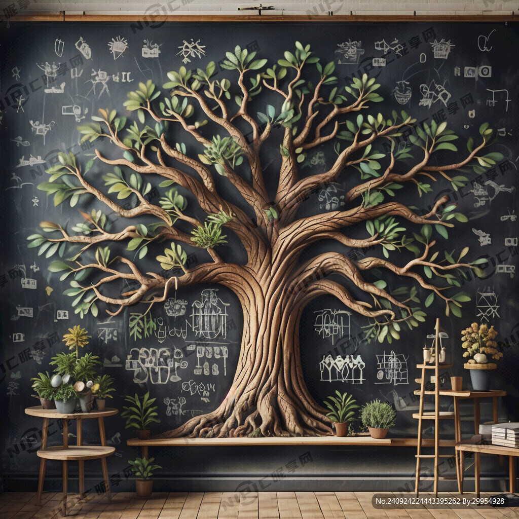 黑板报上的大树树干装饰