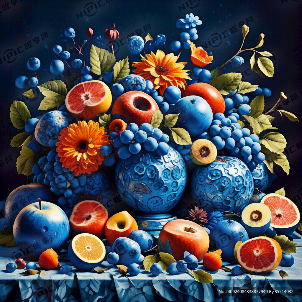 蓝色复古鲜果与花朵