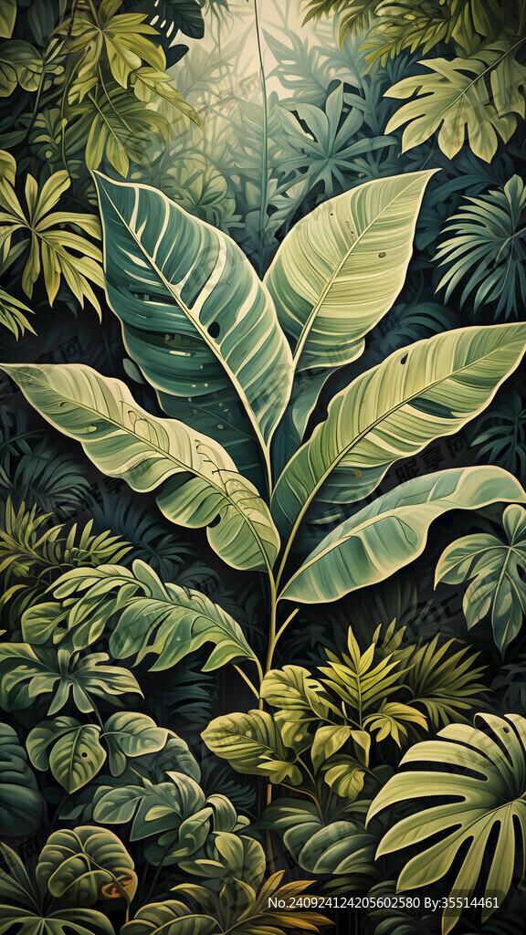 手绘 热带雨林 大叶子 满画