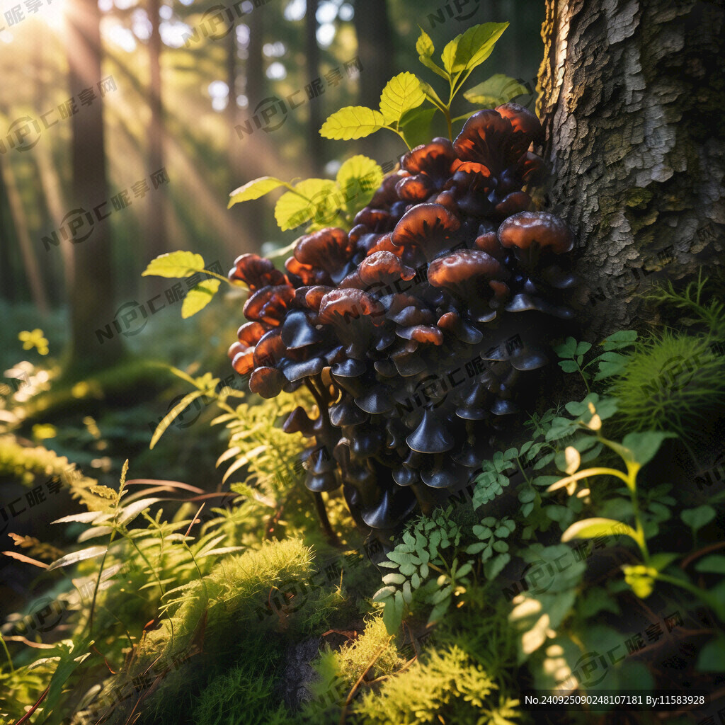 一棵树木段 长出黑黑的木耳