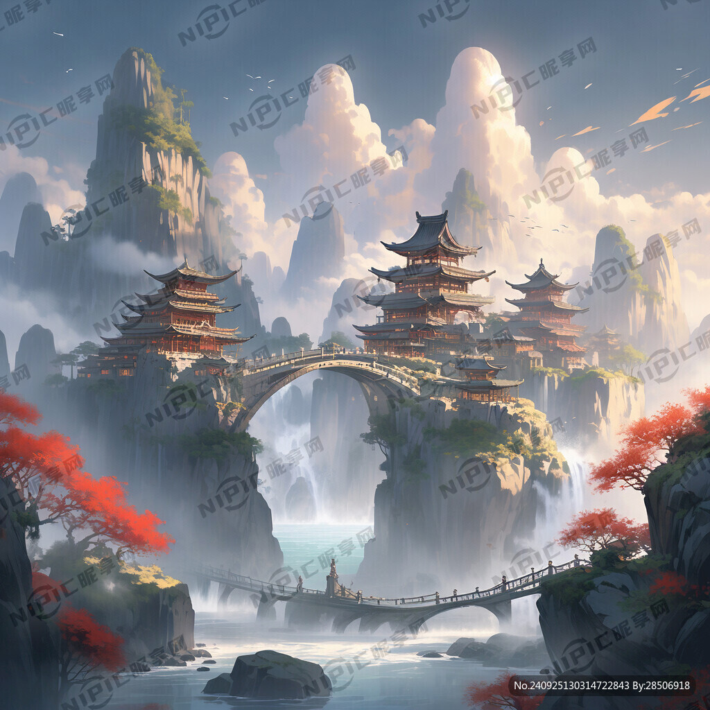 中国风    彩色  山水桥