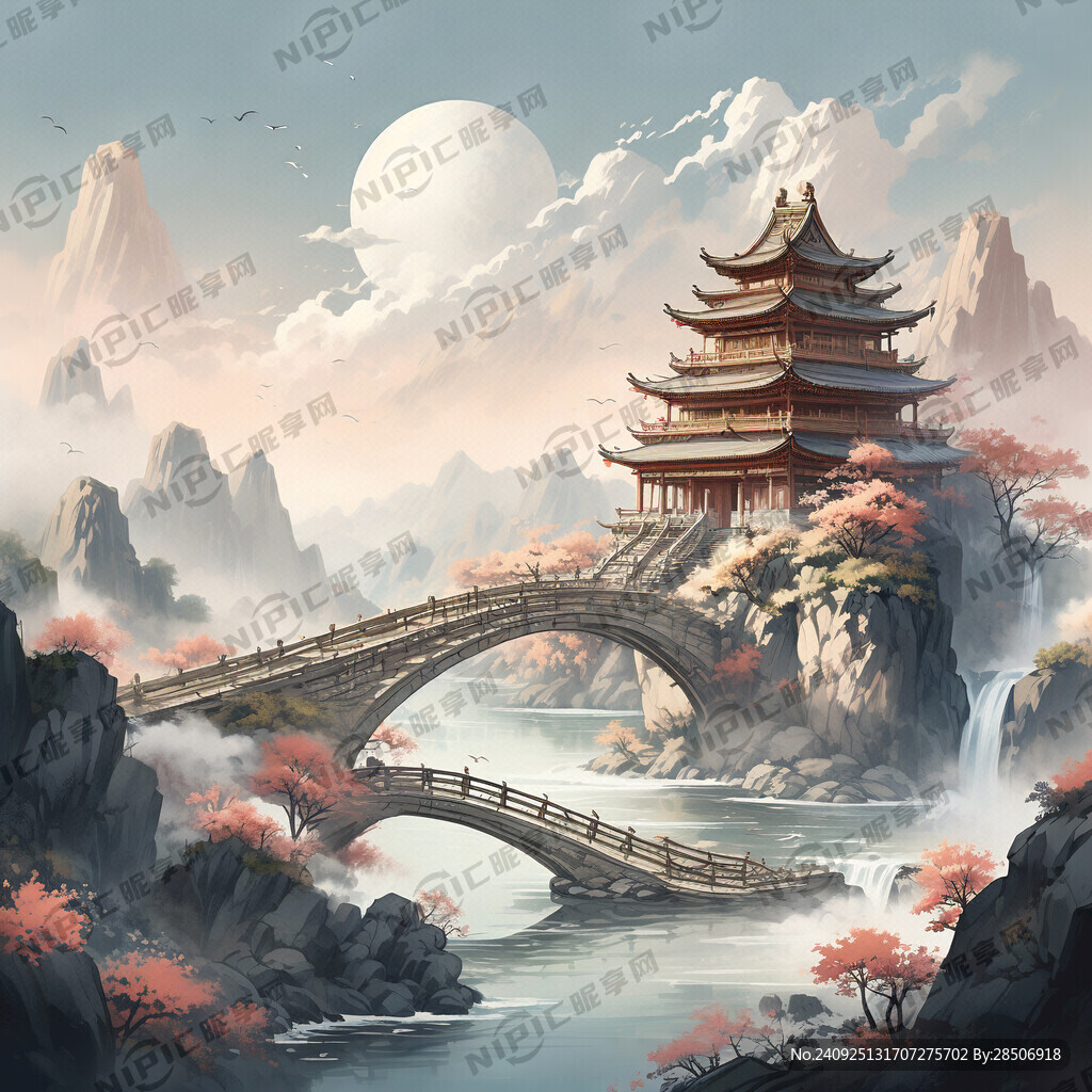 中国风 山水 河 桥