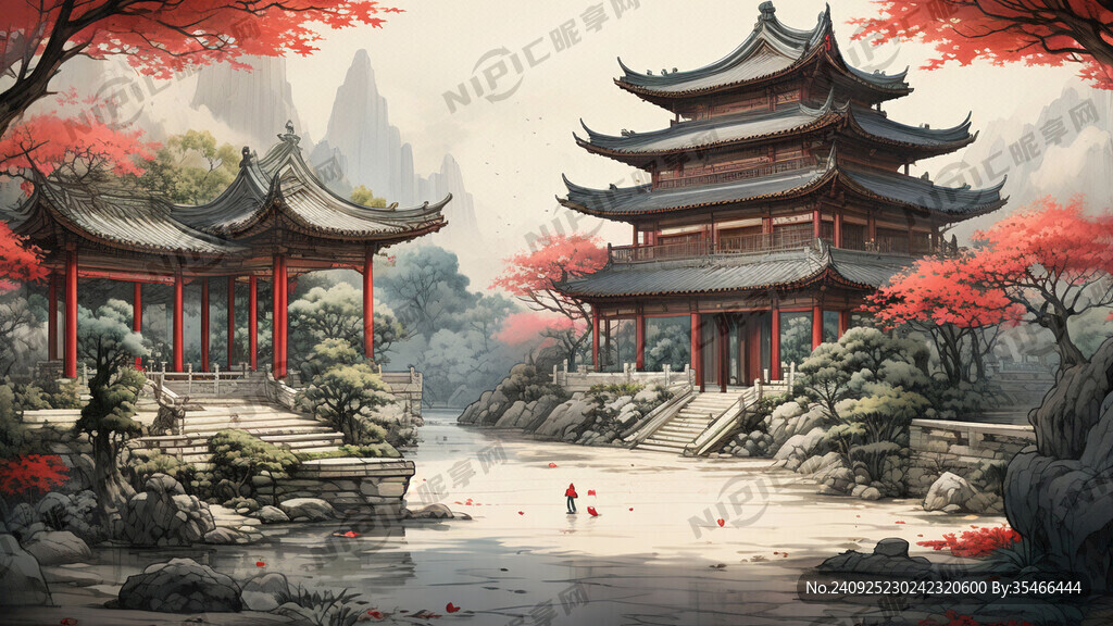 古代花园庭院 彩色中国风