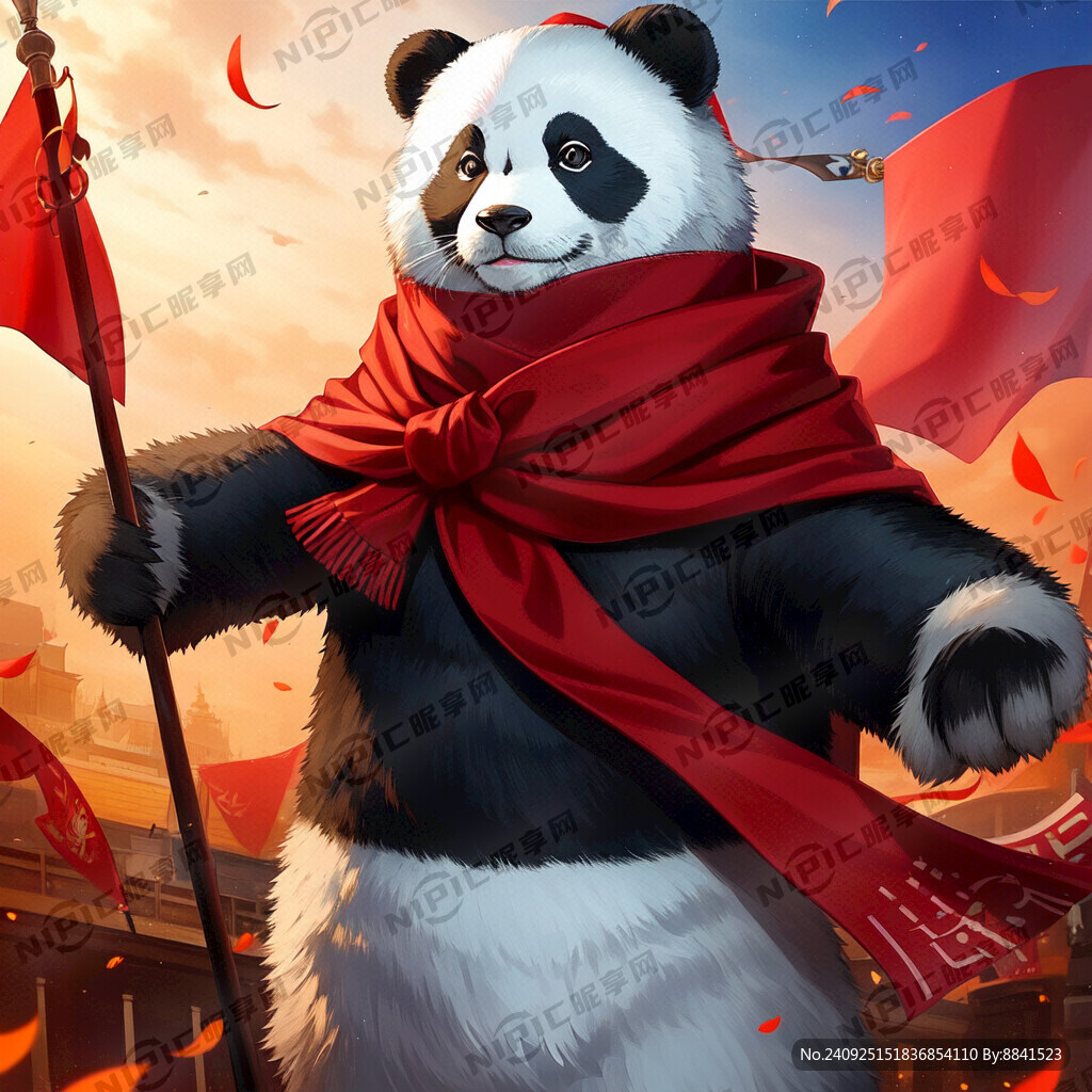 站起来举着红旗戴红色围脖的熊猫