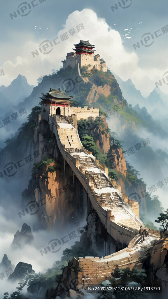 大好河山 长城 山水画 鲜艳
