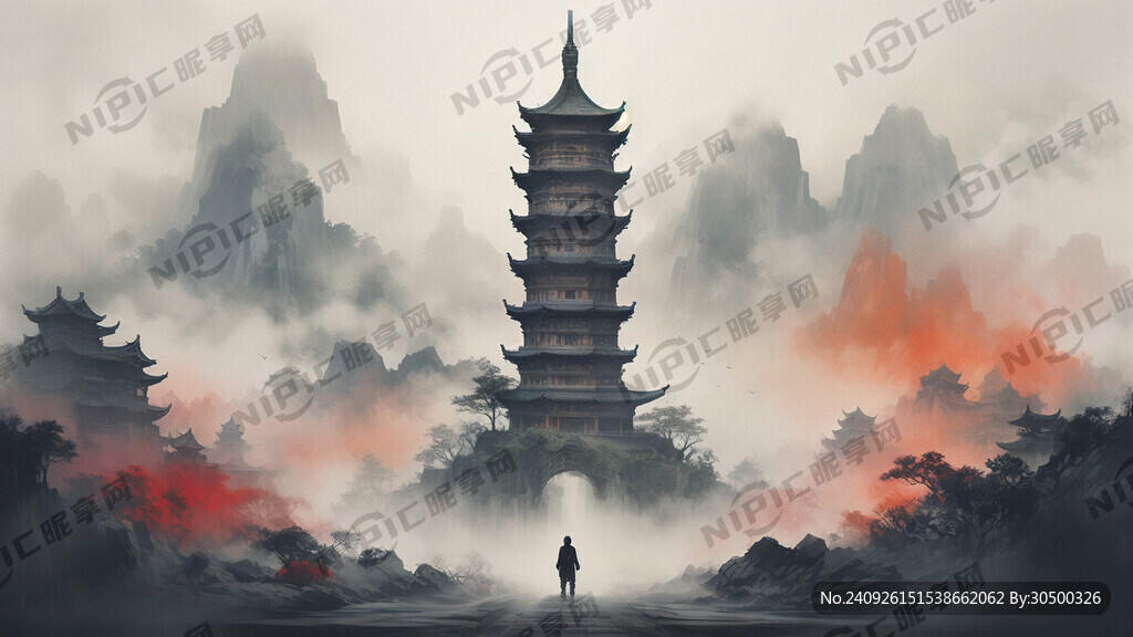 中国风文昌塔远景全貌 云雾背景