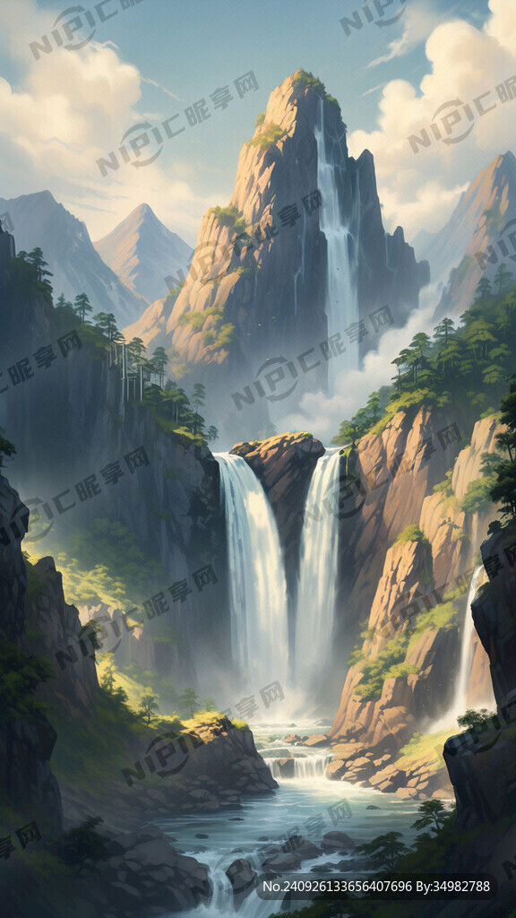 瀑布 飞流直下 山 森林