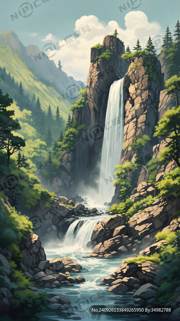 瀑布 飞流直下 山 森林 清新