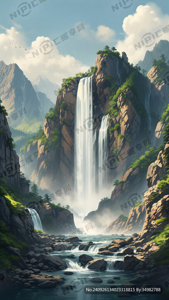 瀑布 飞流直下 山 森林 清新