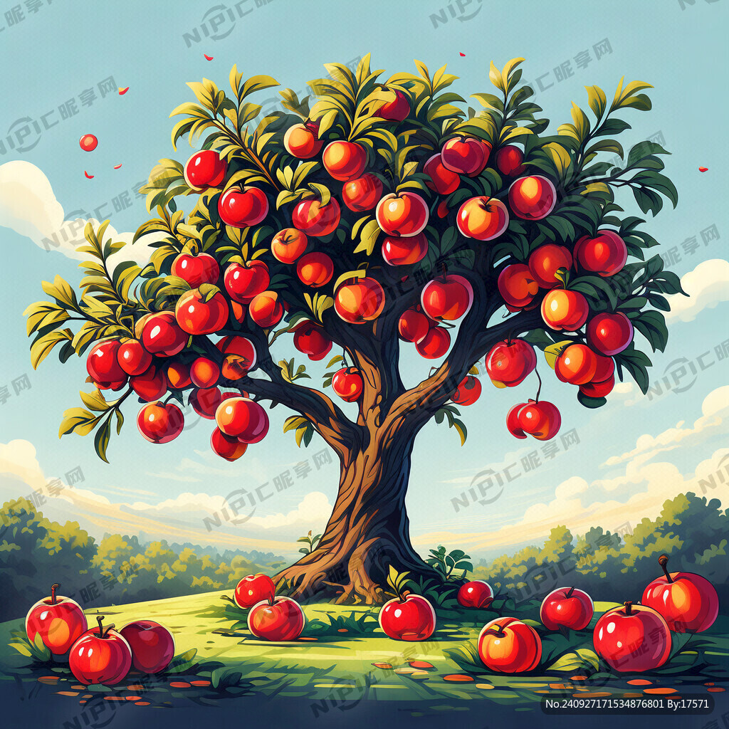 硕果累累的苹果树 插画风格