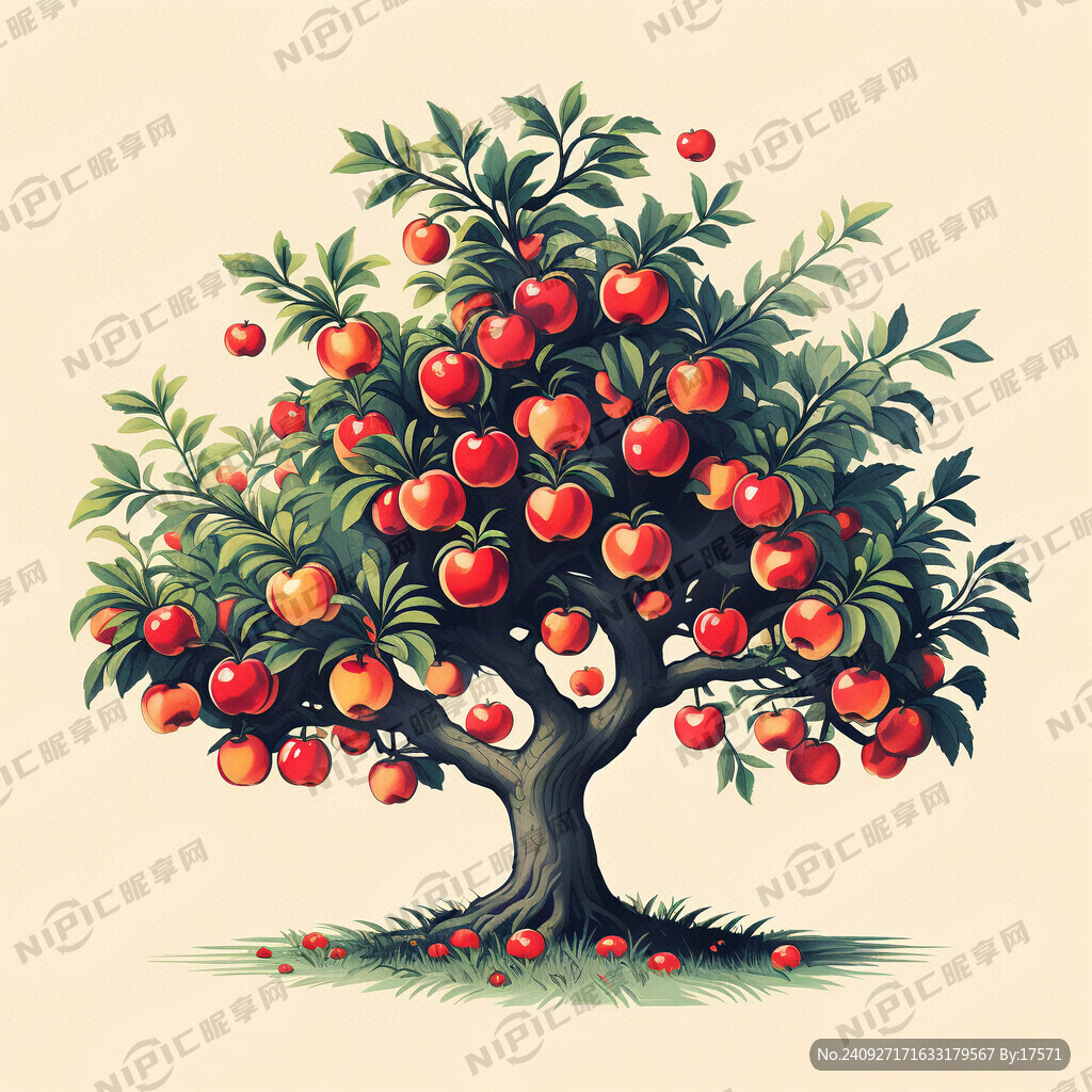 硕果累累的苹果树 简笔插画风格