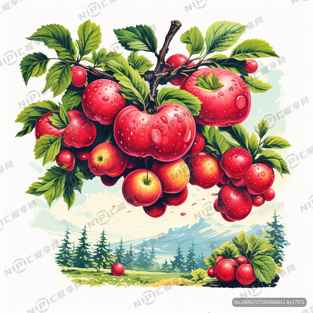 苹果挂满枝头 插画风格