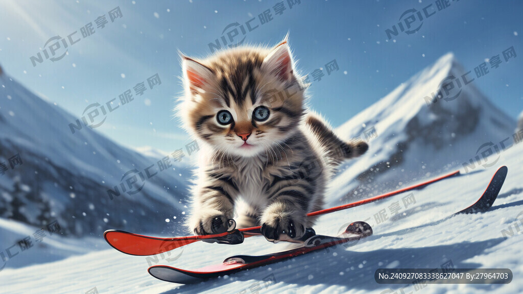 小猫滑雪 背景是雪山