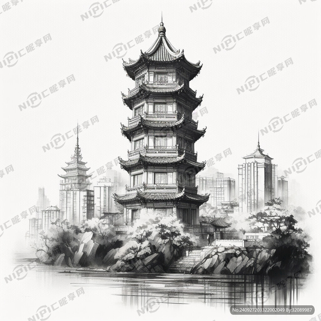 安庆宝塔素描画