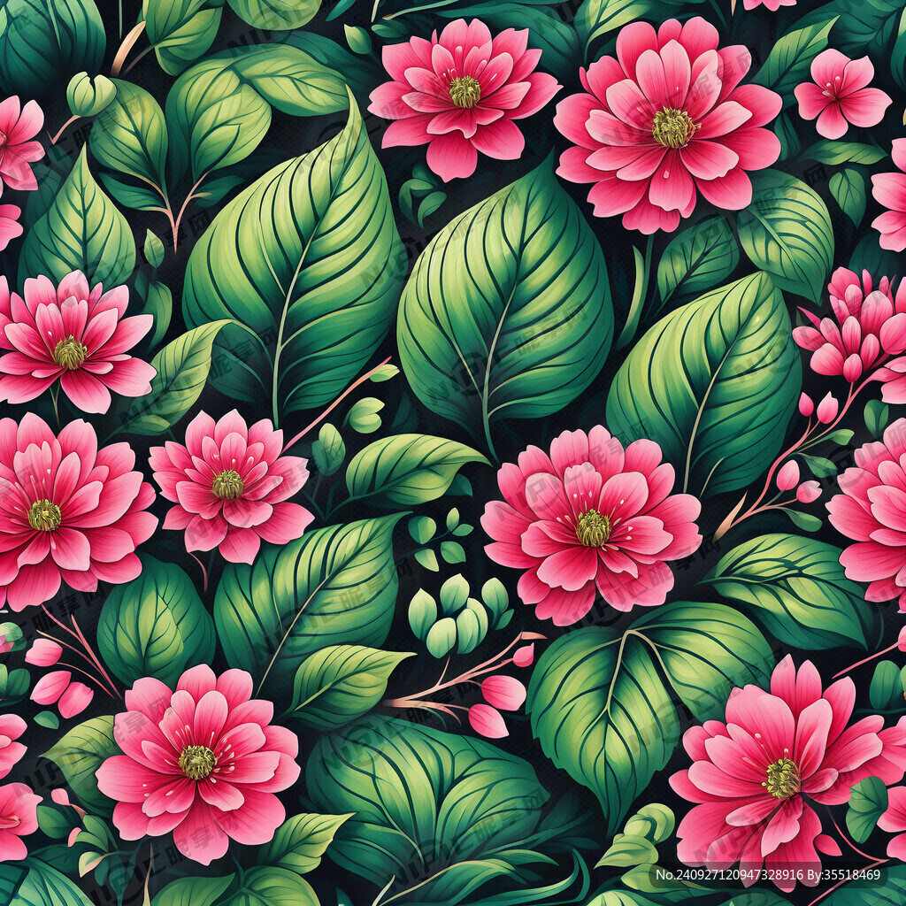 绿色树叶粉红色花