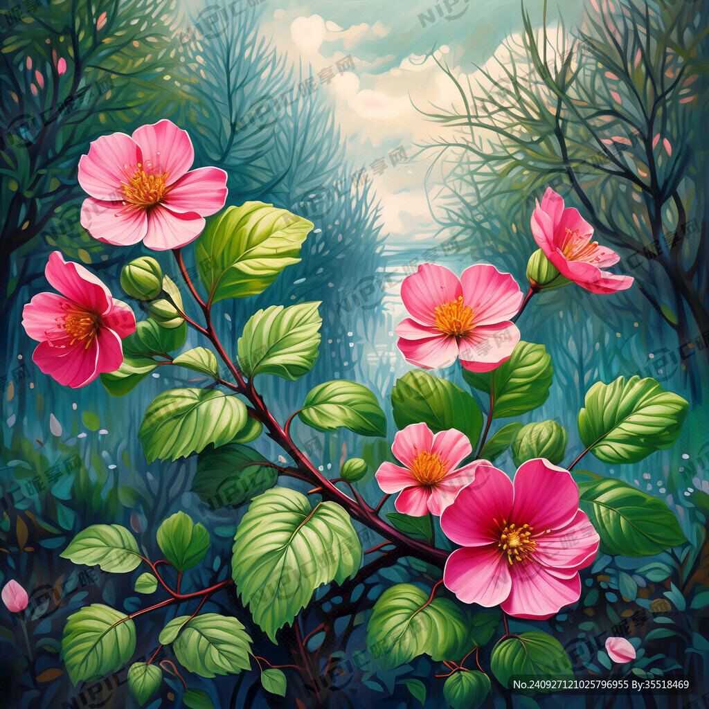 绿色树叶粉红色花