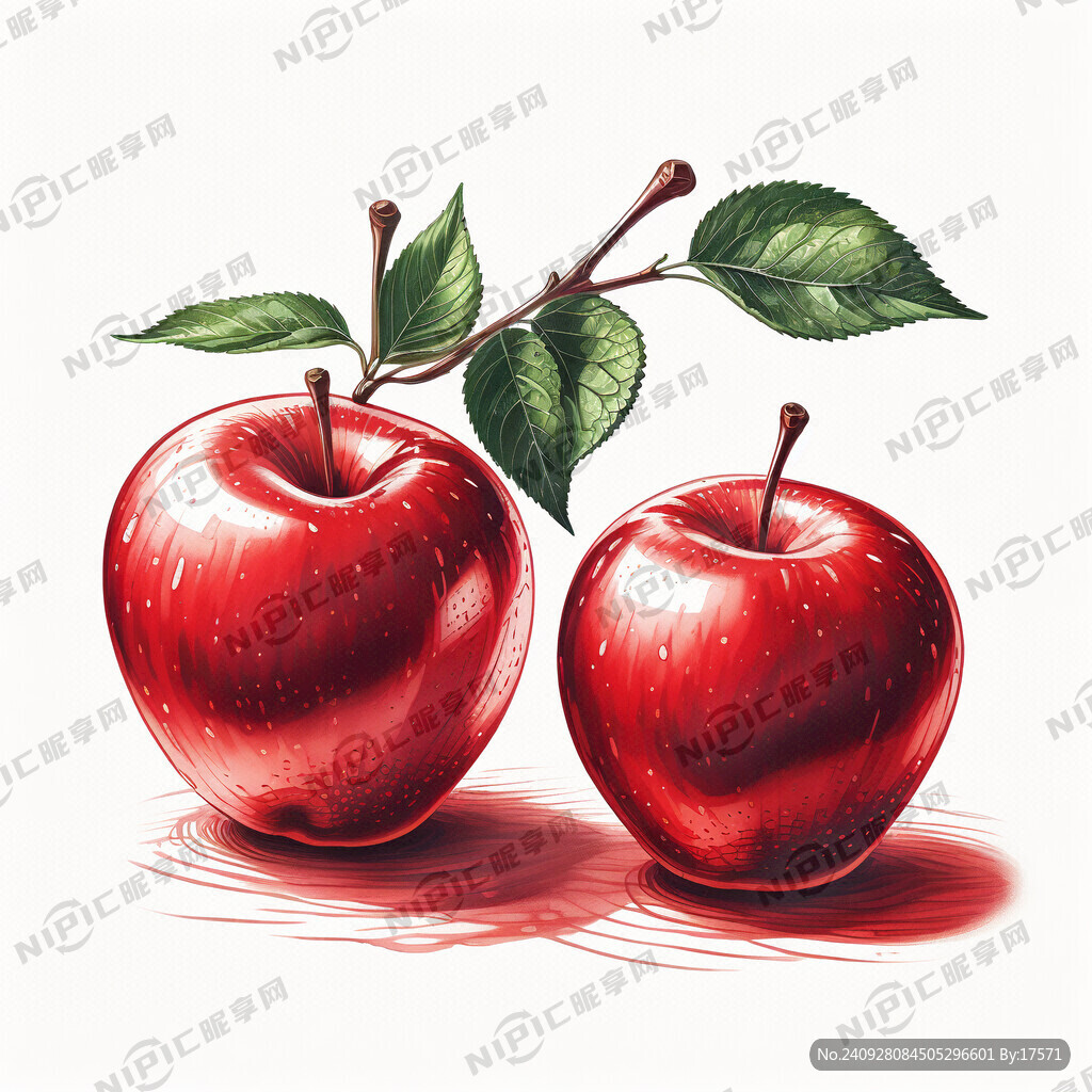 两个手绘拉丝红苹果 清晰逼真