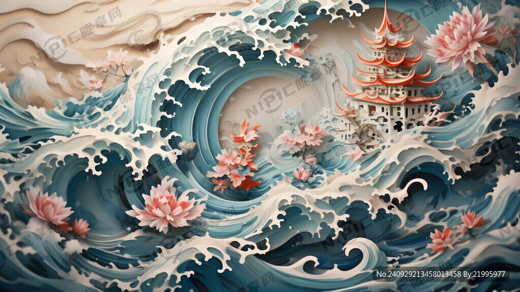 水浪 浪花 玉雕质感 浮雕