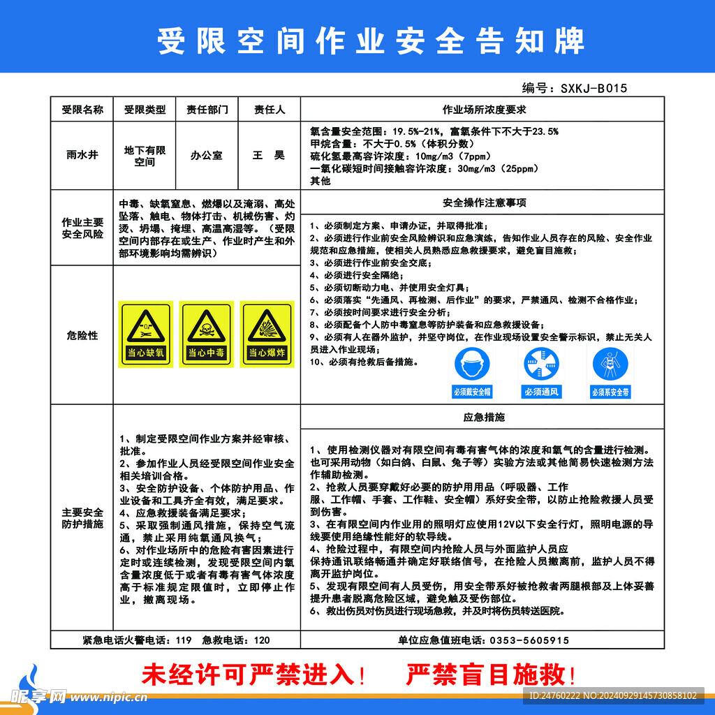 受限空间作业安全告知牌