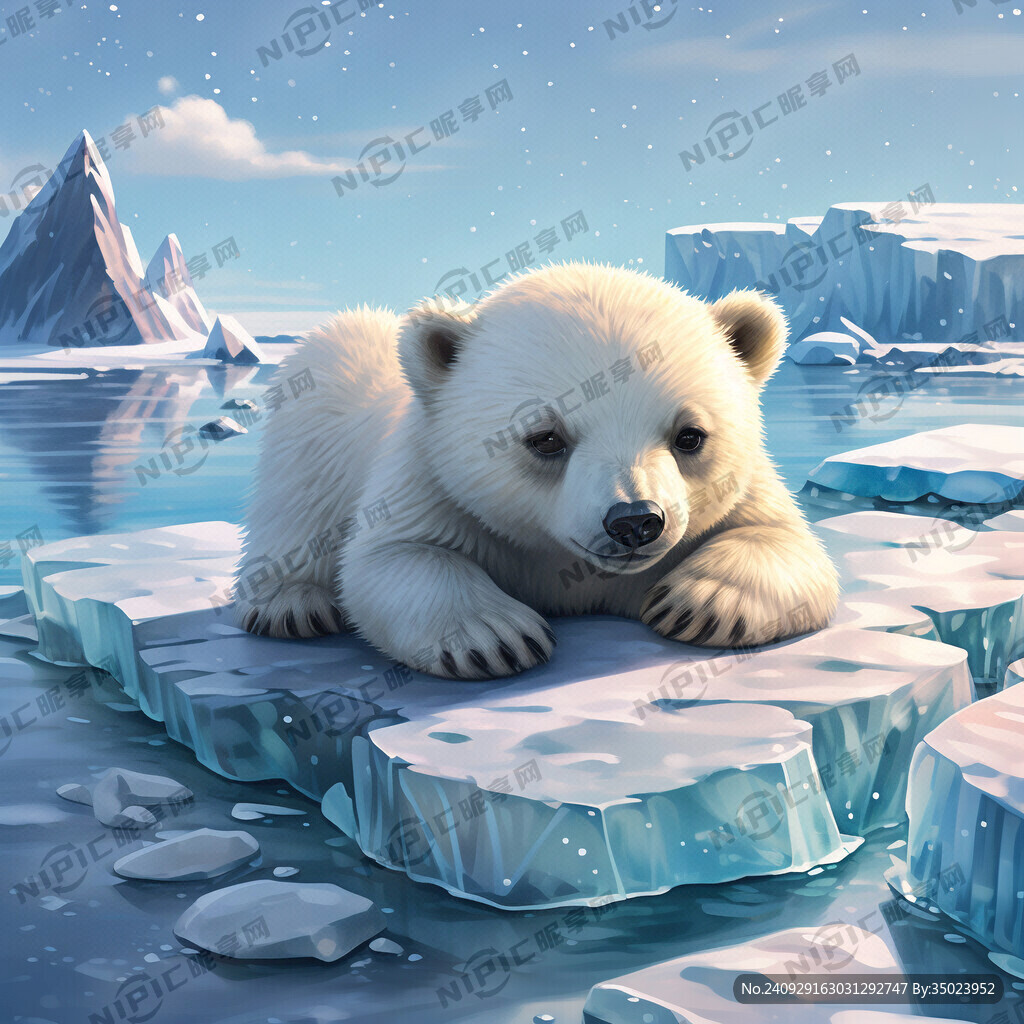可爱的北极熊 趴在冰上
