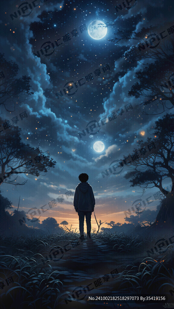 浅色有星星的夜空。月芽儿在树梢
