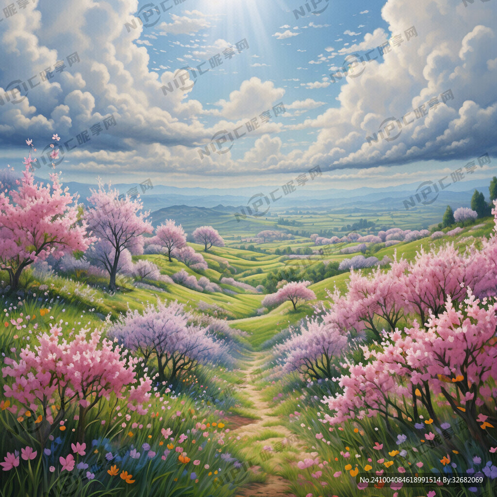蓝天白云绿草地 大片的桃花背景