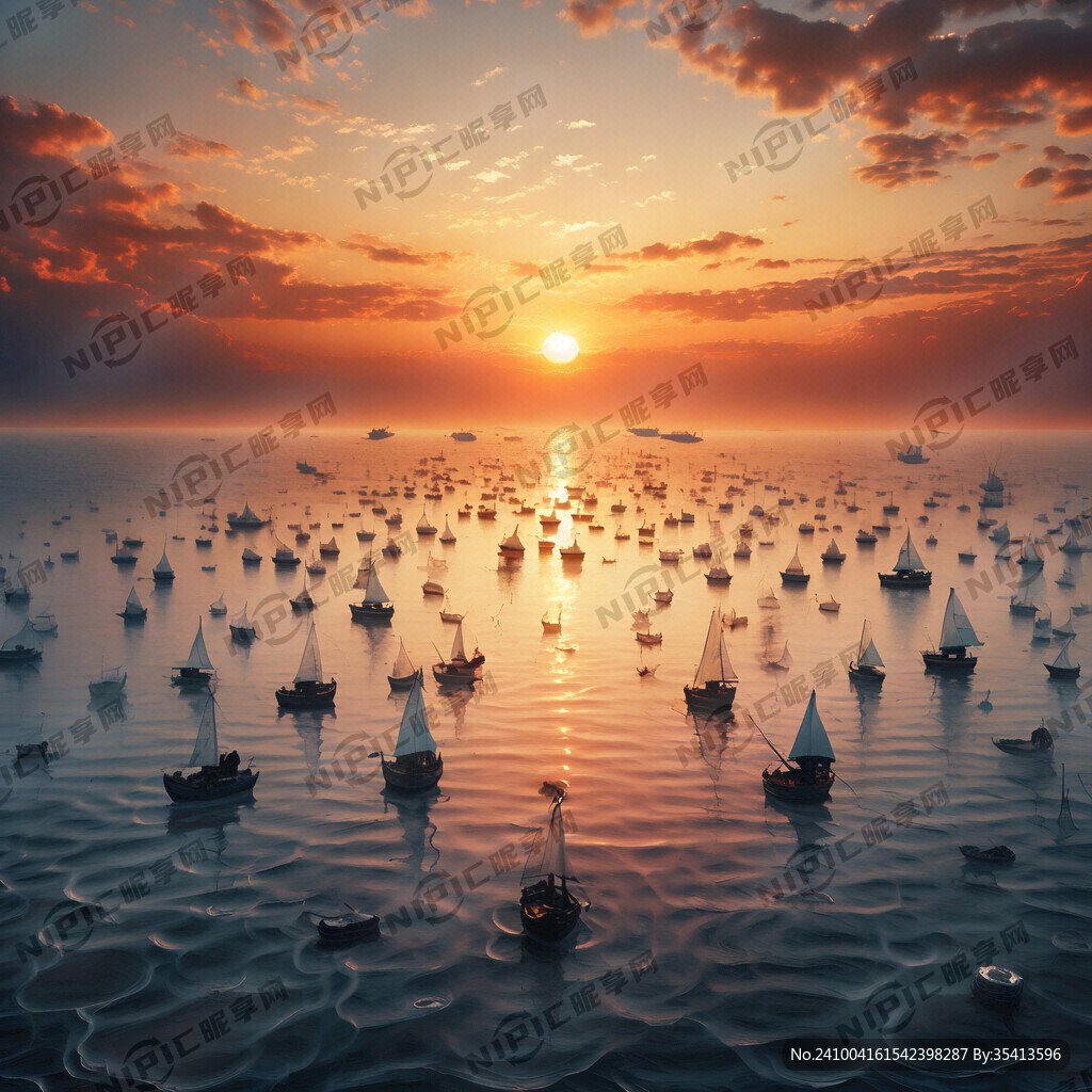 日出 海面 200多个帆船