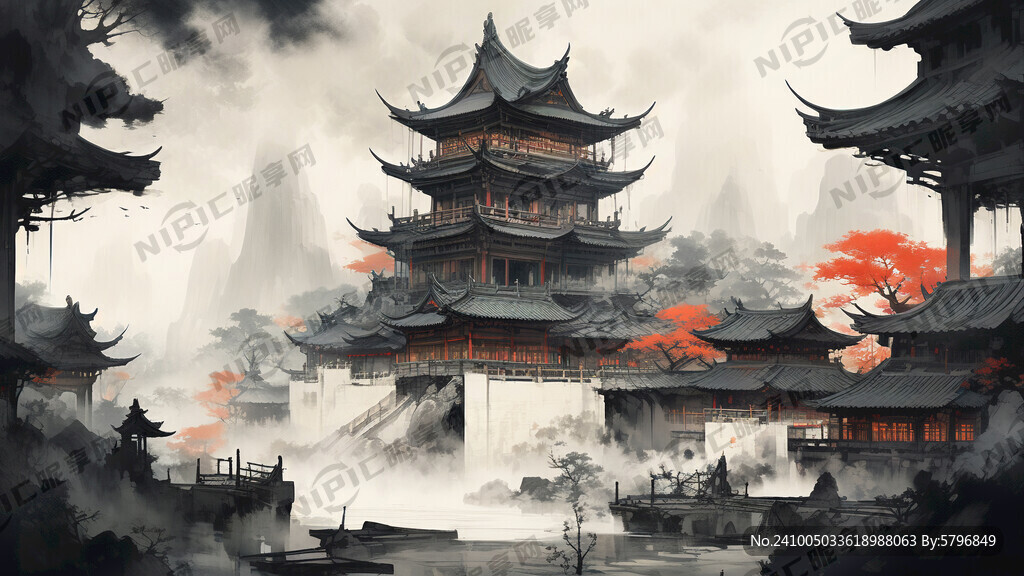 老旧中国画画面 空灵 宋代阁楼