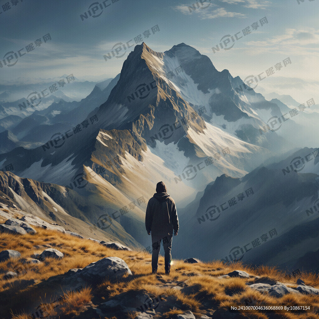 一个人站在近处的山峰上看远处群