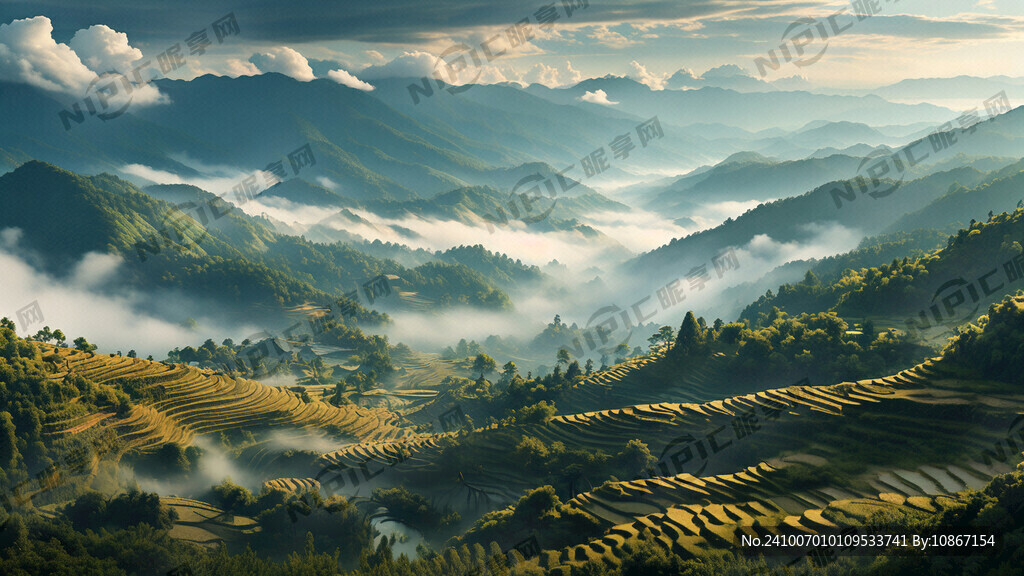 绿水青山 层峦叠嶂 近处有梯田
