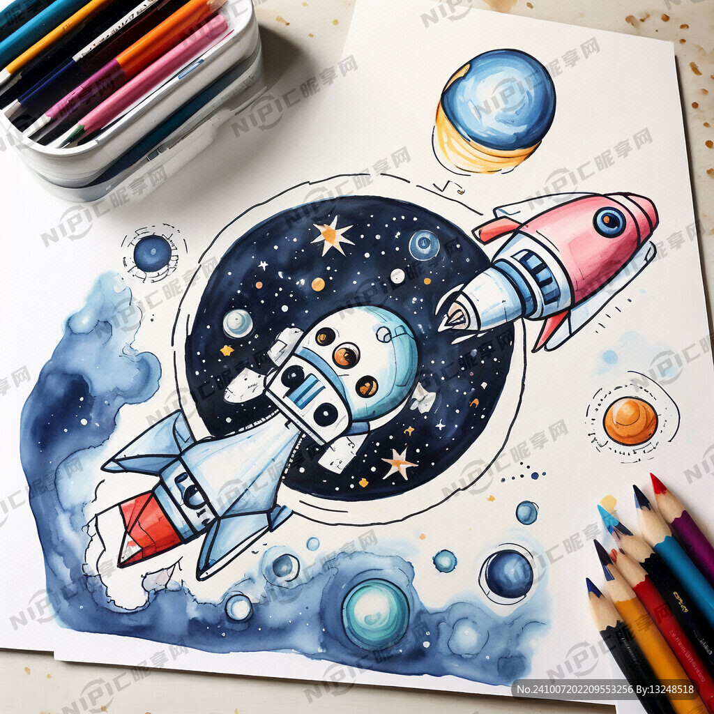 绘制一幅太空主题的儿童画。用水