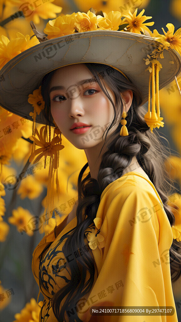 一位穿着黄色服装的女模特。她戴