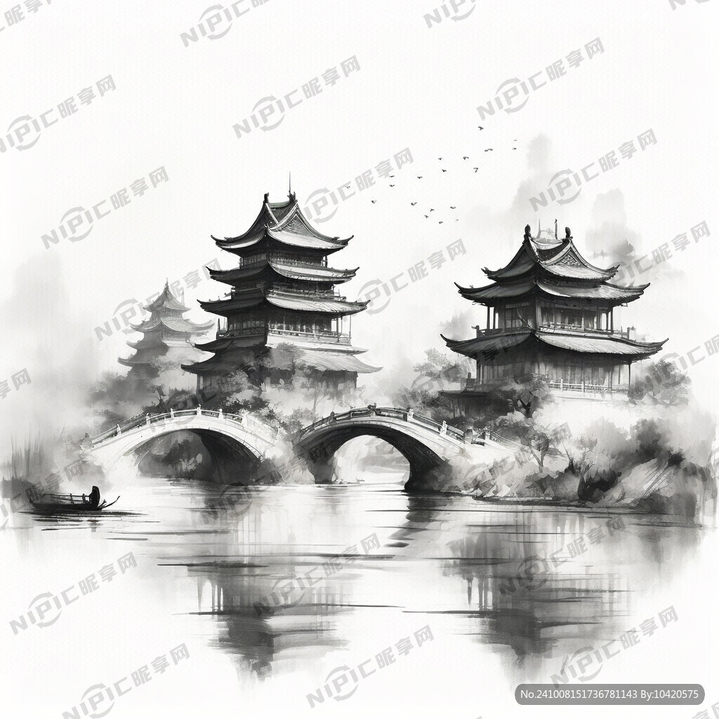单色线条画 两三个古楼 拱桥