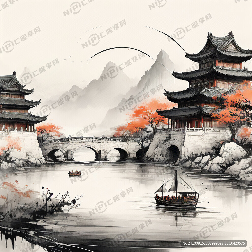 线条画 不要水墨风格 拱桥