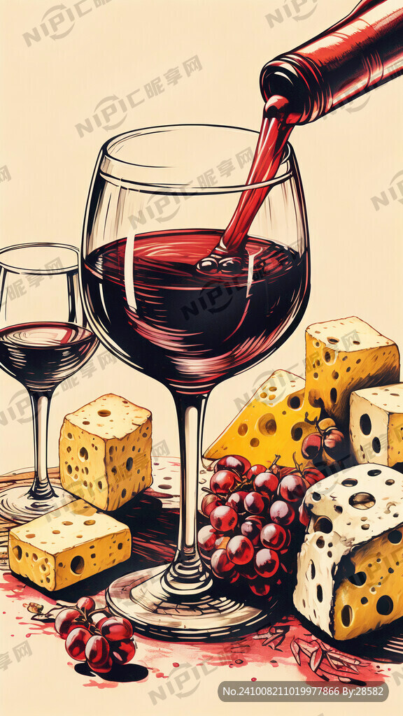 手绘红酒与奶酪