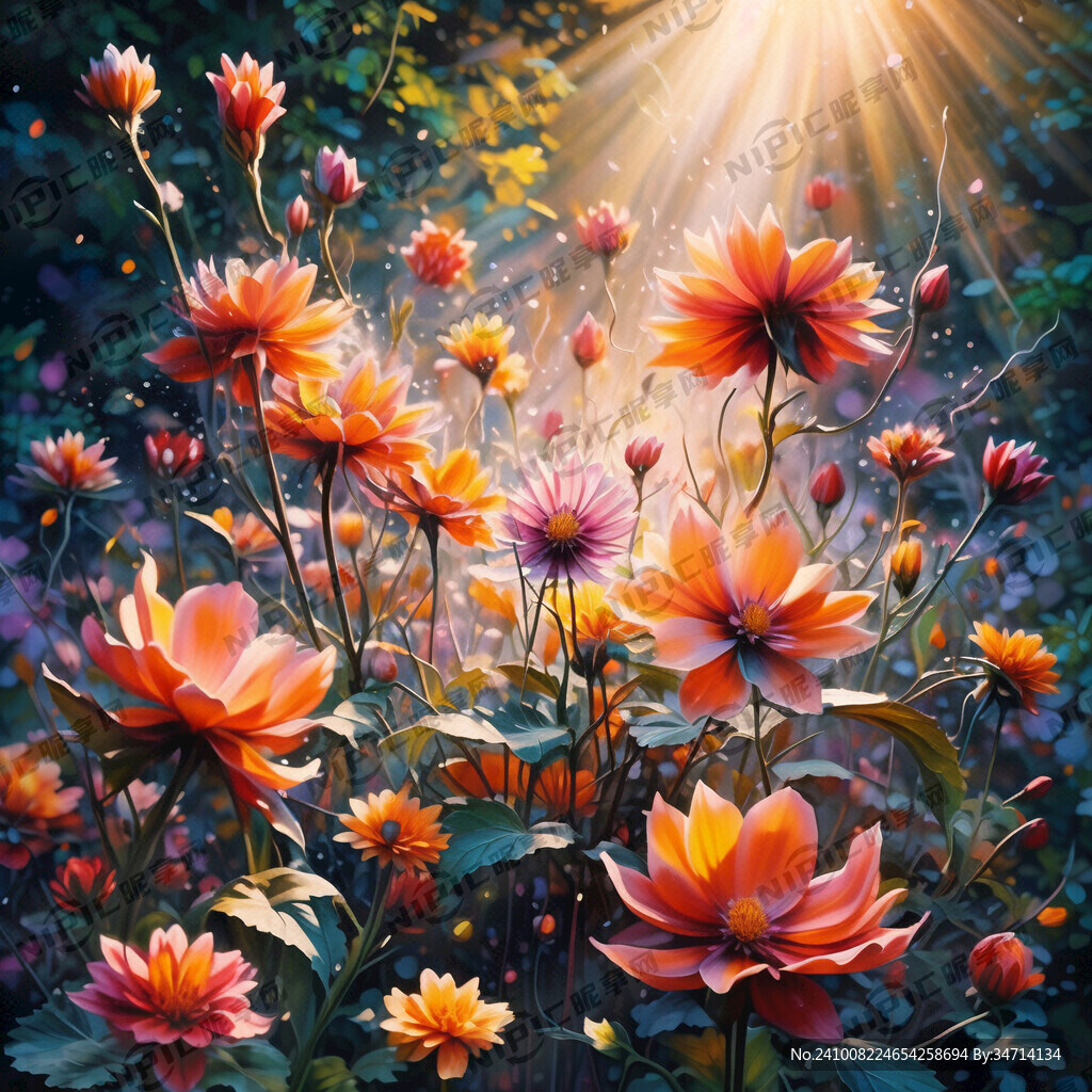 绽放中的花卉油画效果