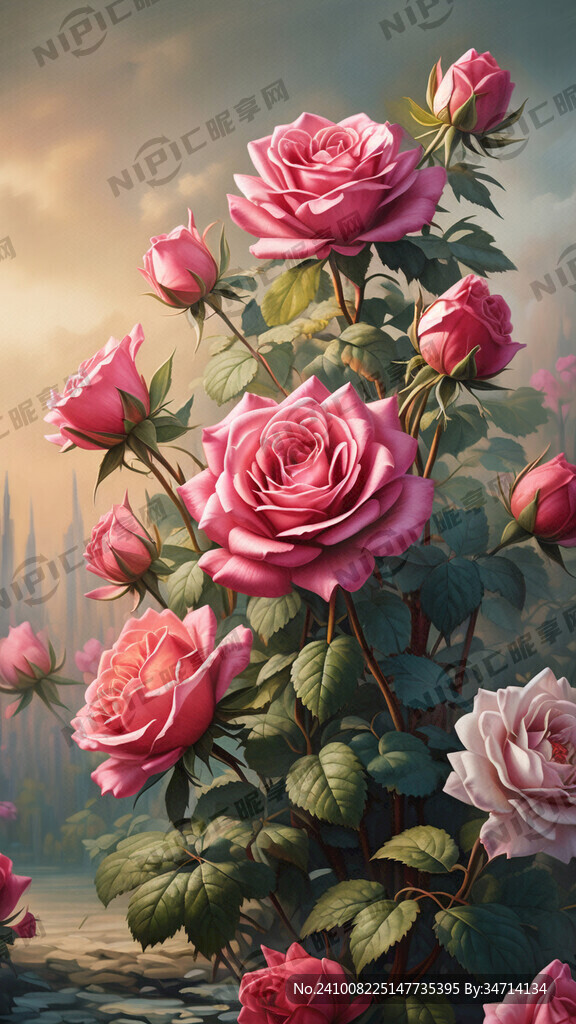 簇拥着的玫瑰花装饰油画效果