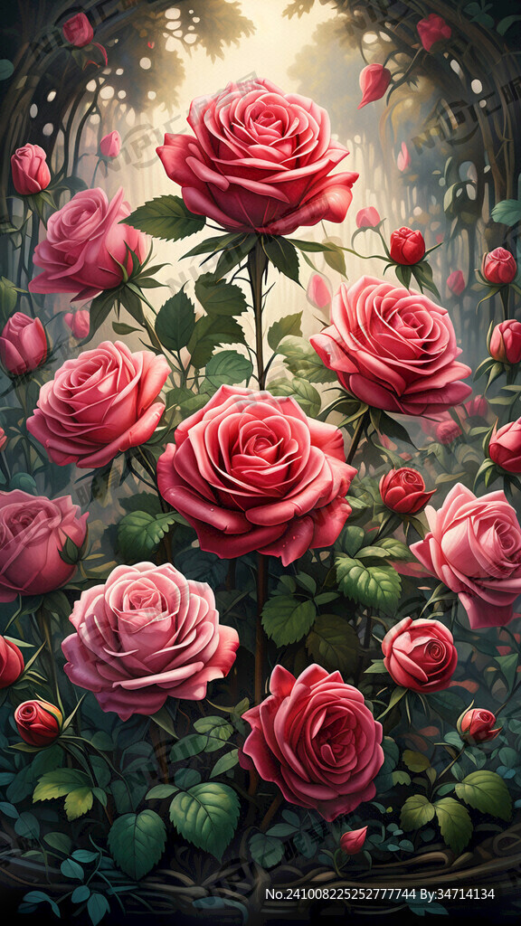 簇拥着的玫瑰花装饰油画效果