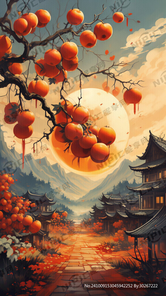 事事如意柿子画 落日 古宅
