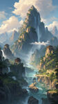 背靠金山，江山如画
 财源滚滚，流水生财 风景画