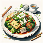 炒饭，西兰花，豆腐，手绘，宫崎骏，清新，美味
