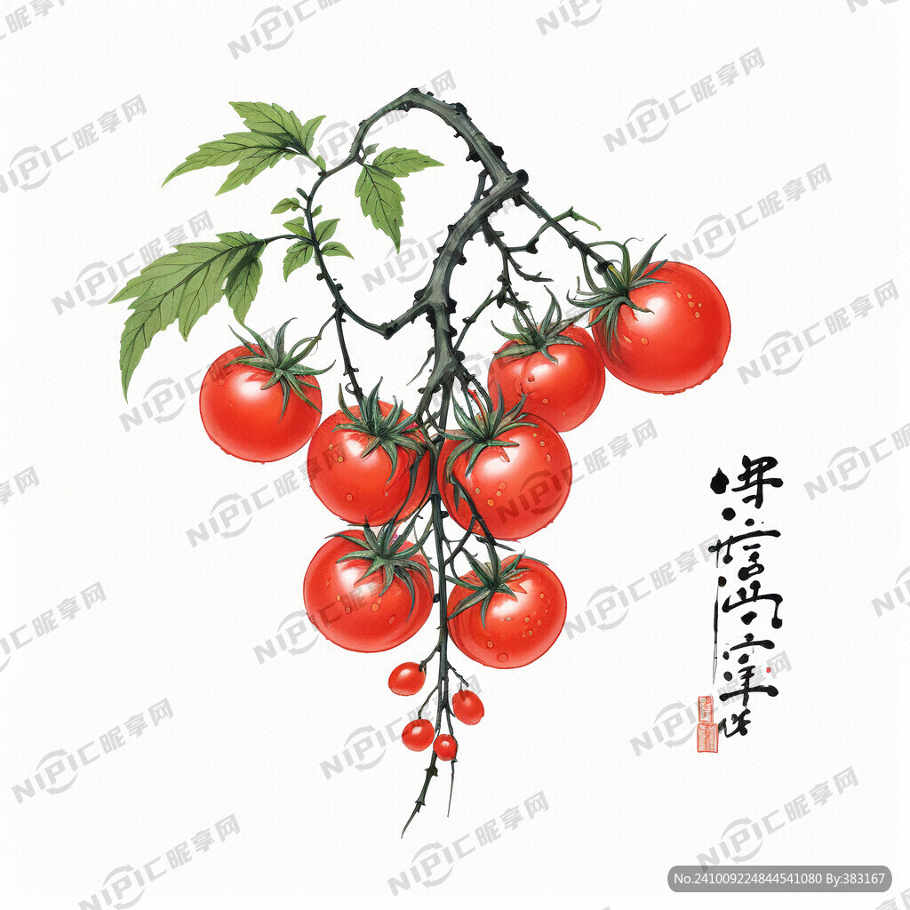 白描番茄藤曼 上面结番茄果实