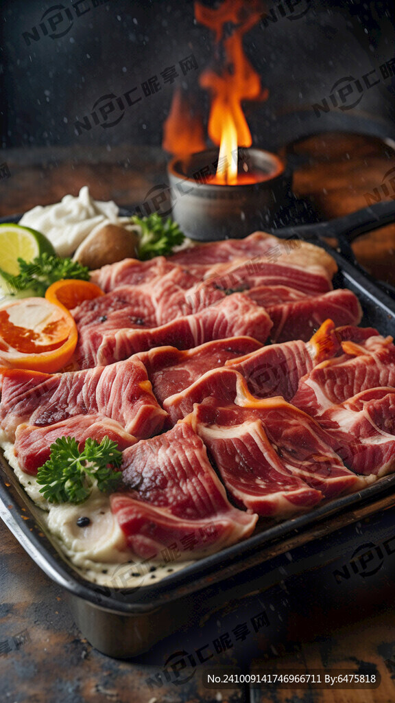 烤盘 肉片 蘸料 火焰 江景