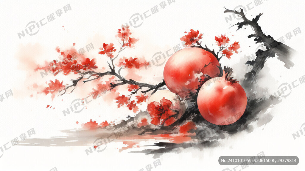 石榴山水画 色调比较丰富