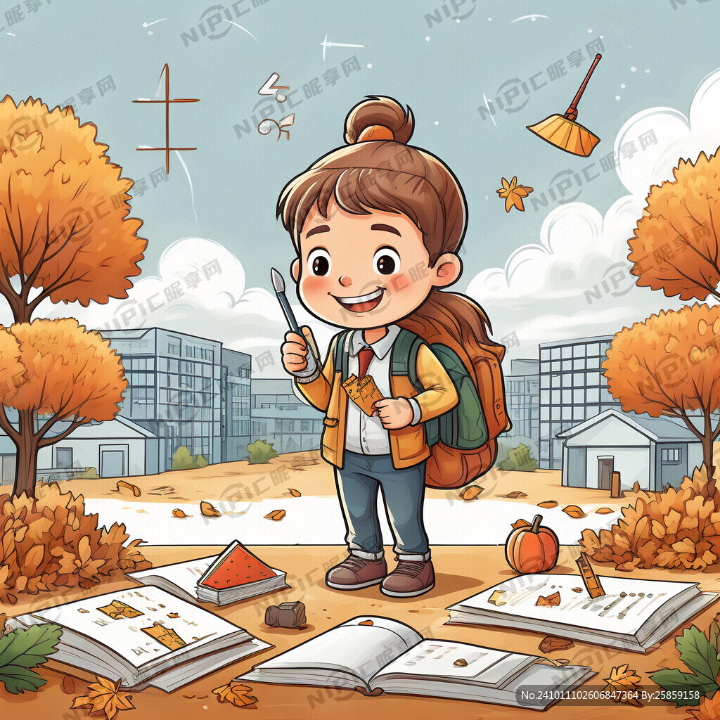 卡通 秋天 小学生 学习数学