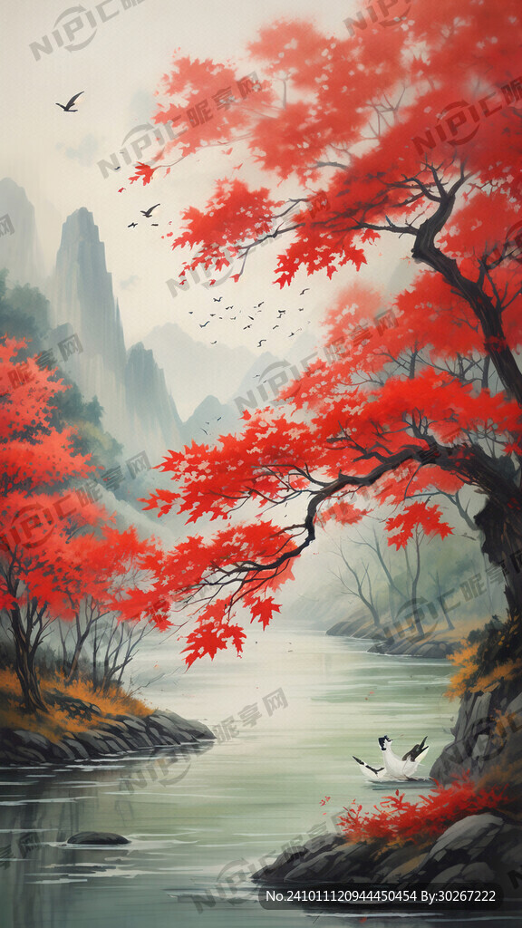 映日红枫 一帆风顺  绿树