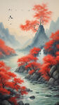 映日红枫 江山如画，一帆风顺  绿树，雁群