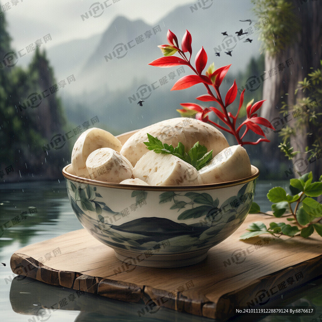 山药 精致小碗 山水 绿叶