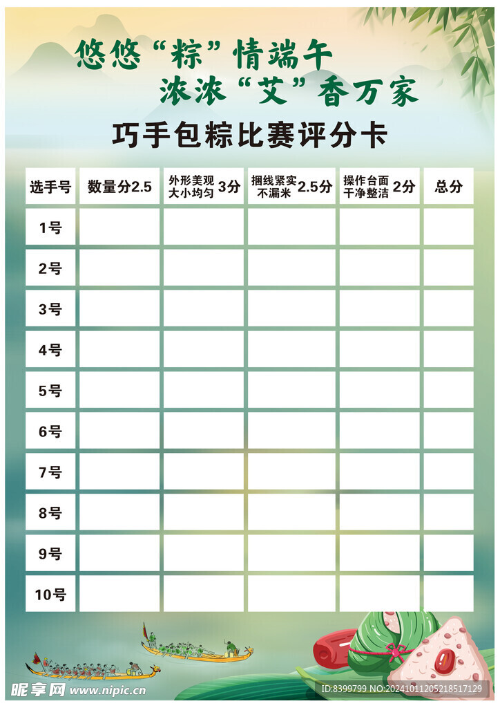 包粽子评分卡